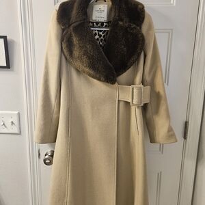 Kate Spade Briella Wool Faux Fur Collar Coat Tan Sz8. Runs Small.